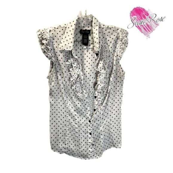 Susie Rose Polkadot Button Up Womens Ruffle‎ Sleeveless Semi-sheer Top - Picture 3 of 11